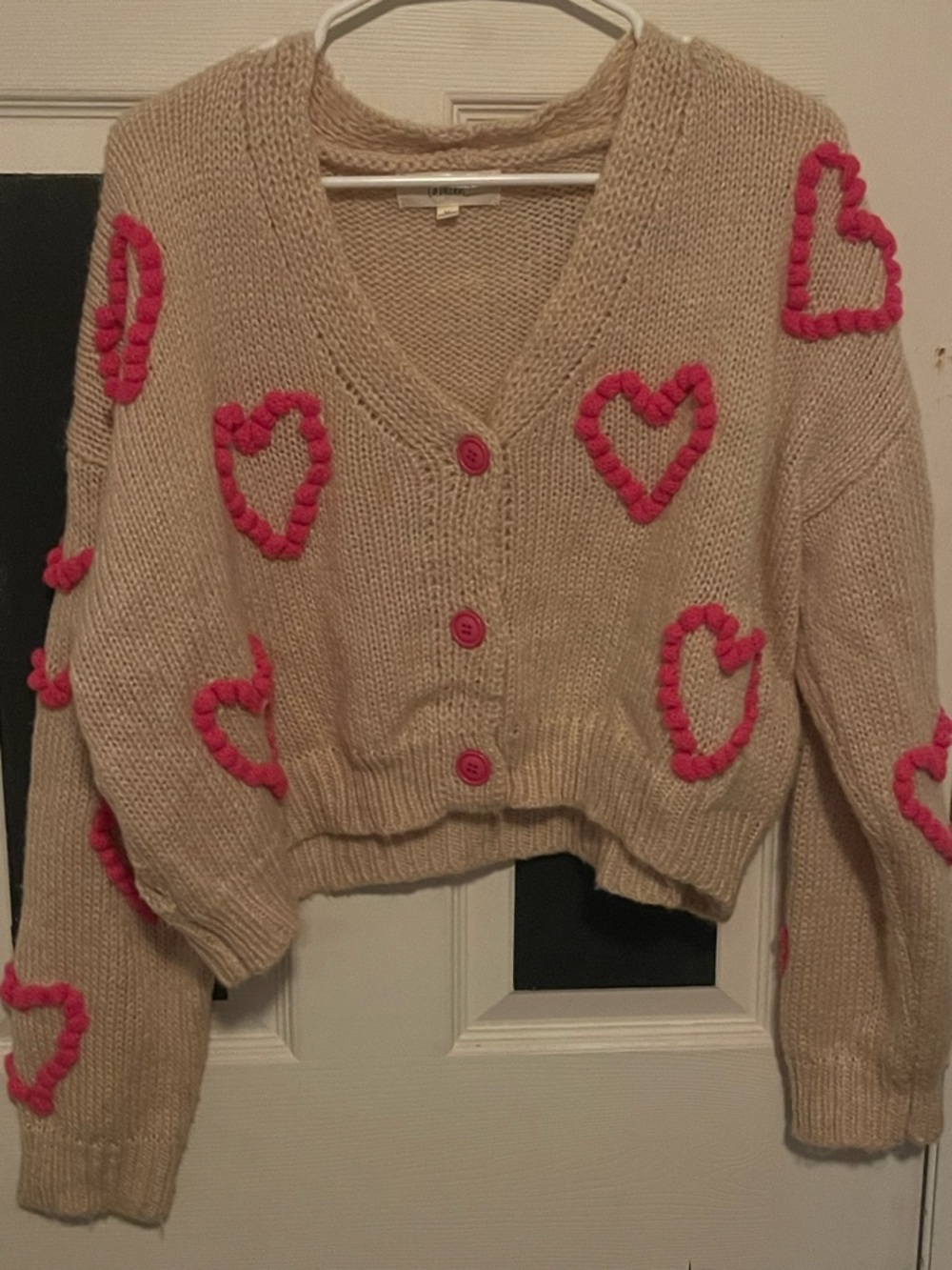 Chunky Heart Cardigan Sweater - Beige with Pink Accents